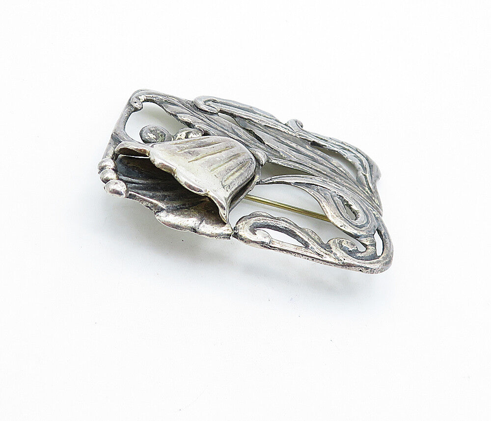 925 Sterling Silver  Vintage Antique Oxidized Floral Vine Brooch Pin  BP2137