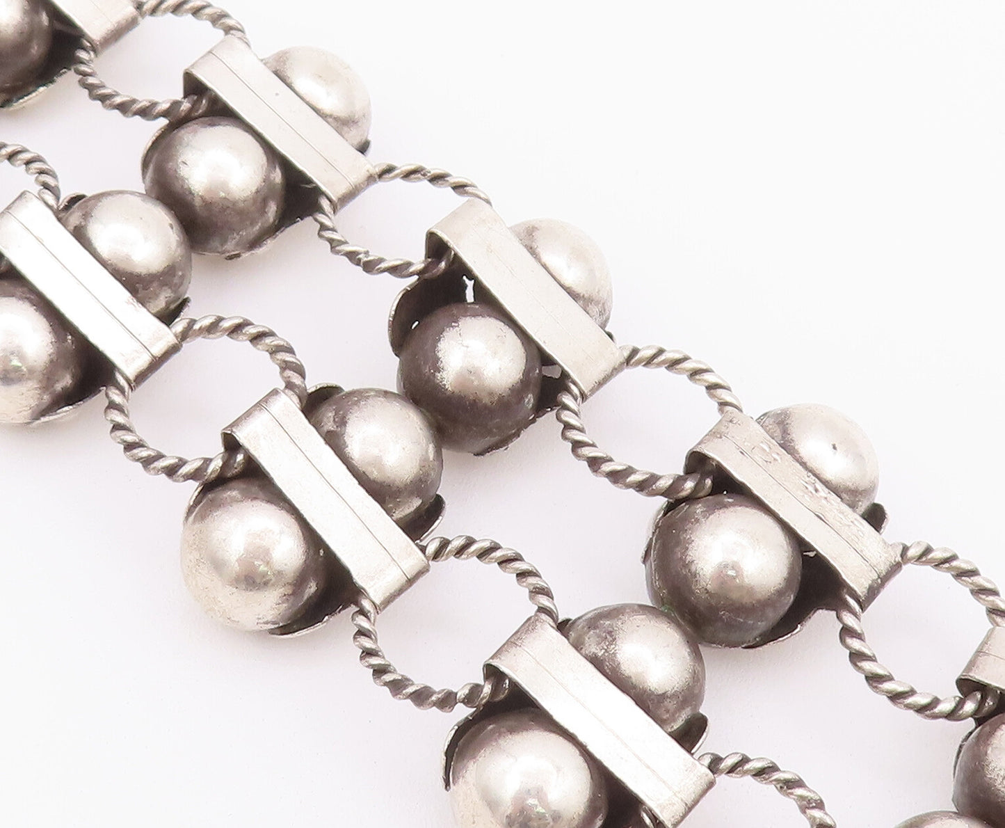925 Sterling Silver Vintage Bracelet TAXCO Puffed Beaded Ring Links  BT10399