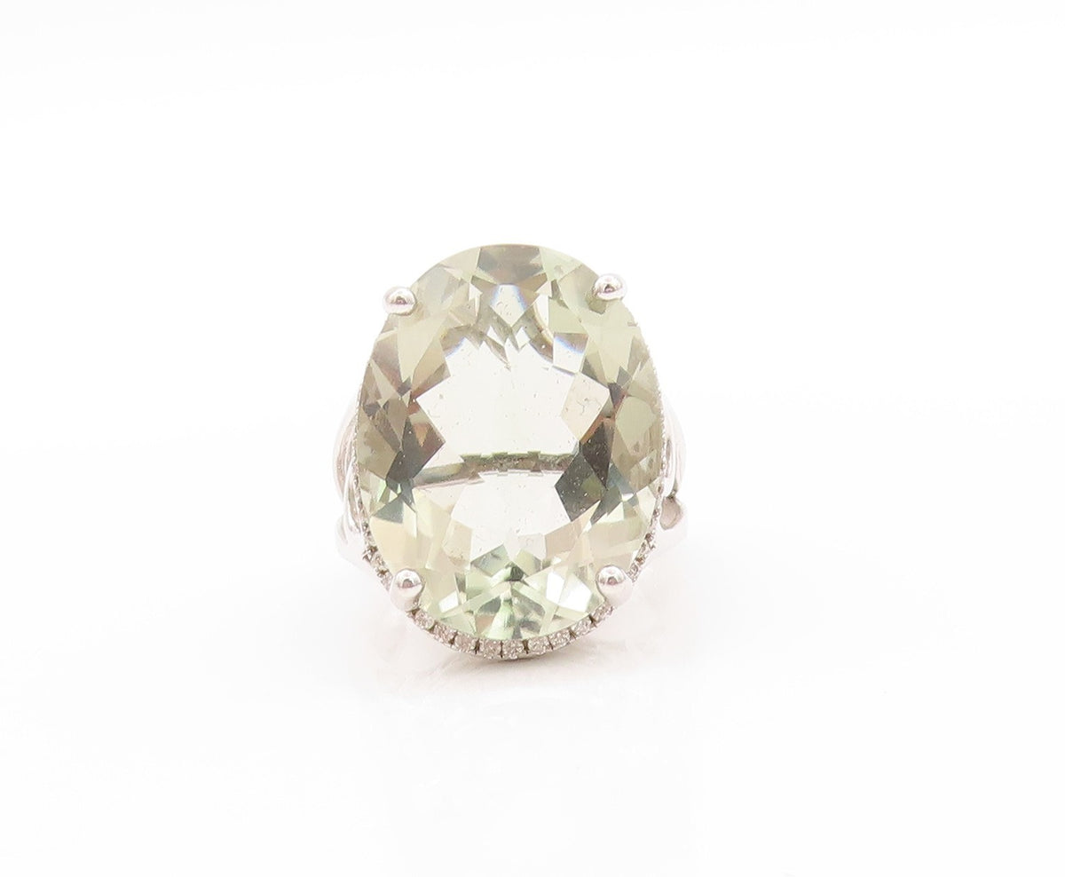 925 Sterling Silver Vintage Ring Oval Green Amethyst Halo Topaz  Sz 7  RG32736