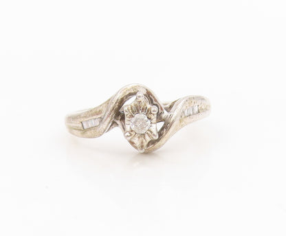 925 Sterling Silver Vintage Ring Genuine Diamonds Bypass Band  Sz 5.5  RG34318