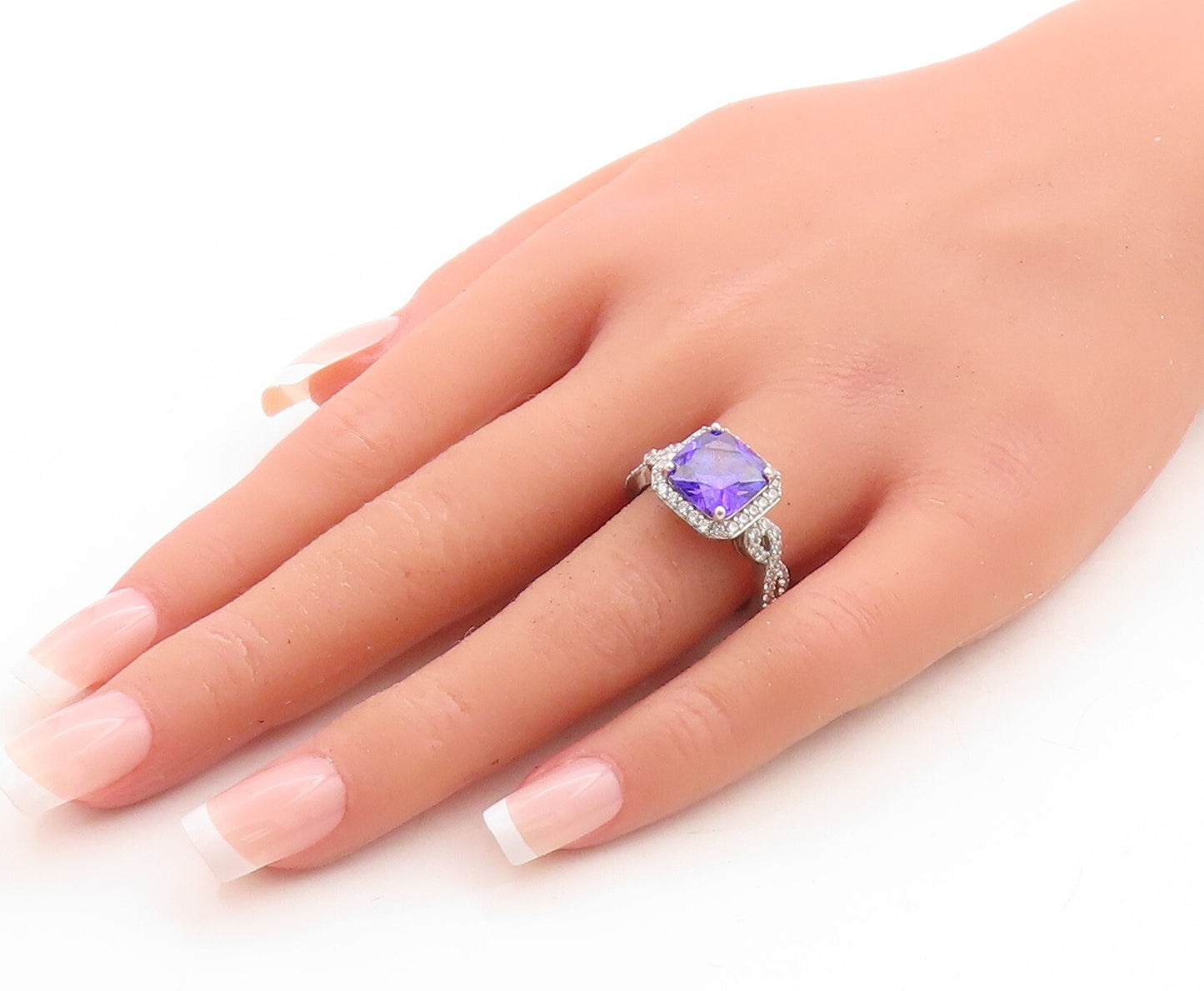 925 Sterling Silver Vintage Ring Square Cut Purple Halo White CZ  Sz 8  RG31496