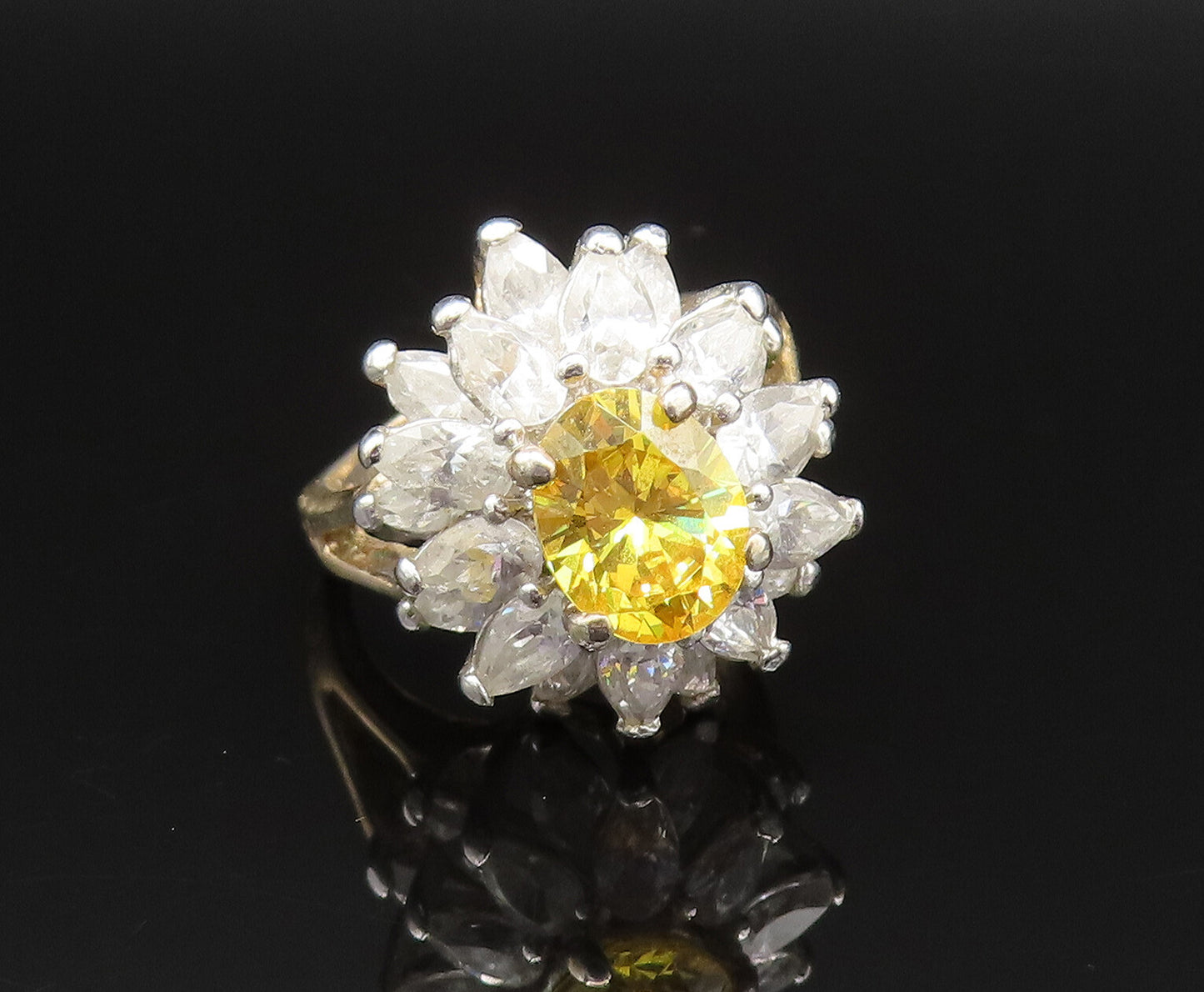 925 Sterling Silver Vintage Citrine & Cubic Zirconia Flower Ring Sz 7.5  RG25496