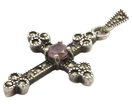 925 Silver  Vintage Amethyst & Marcasite Religious Cross Pendant  PT12423