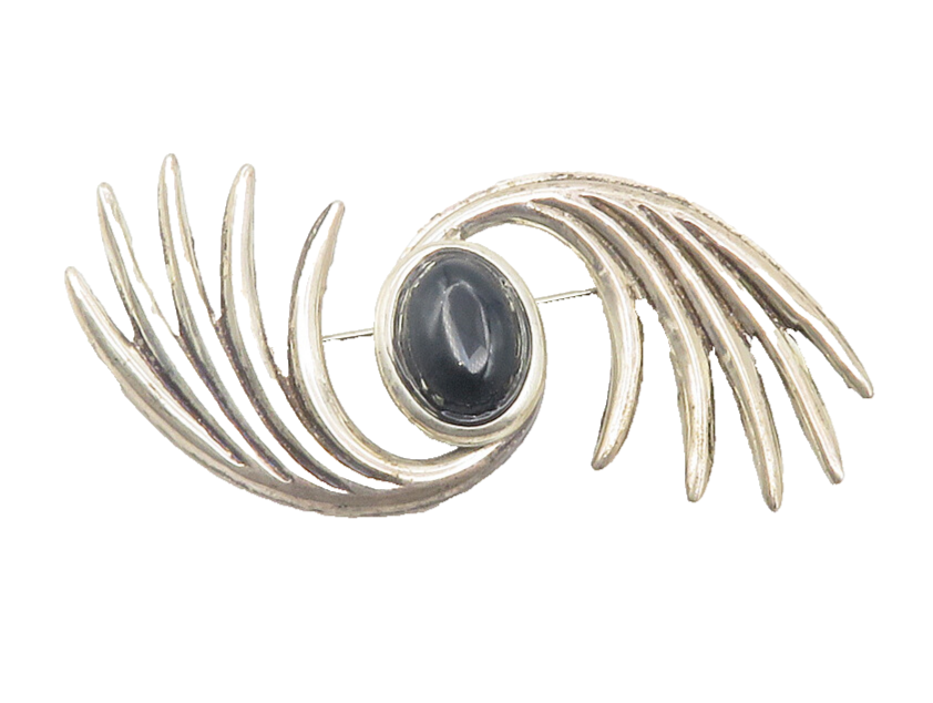 925 Sterling Silver  Vintage Cabochon Black Onyx Swirl Brooch Pin  BP4404