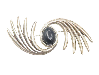 925 Sterling Silver  Vintage Cabochon Black Onyx Swirl Brooch Pin  BP4404