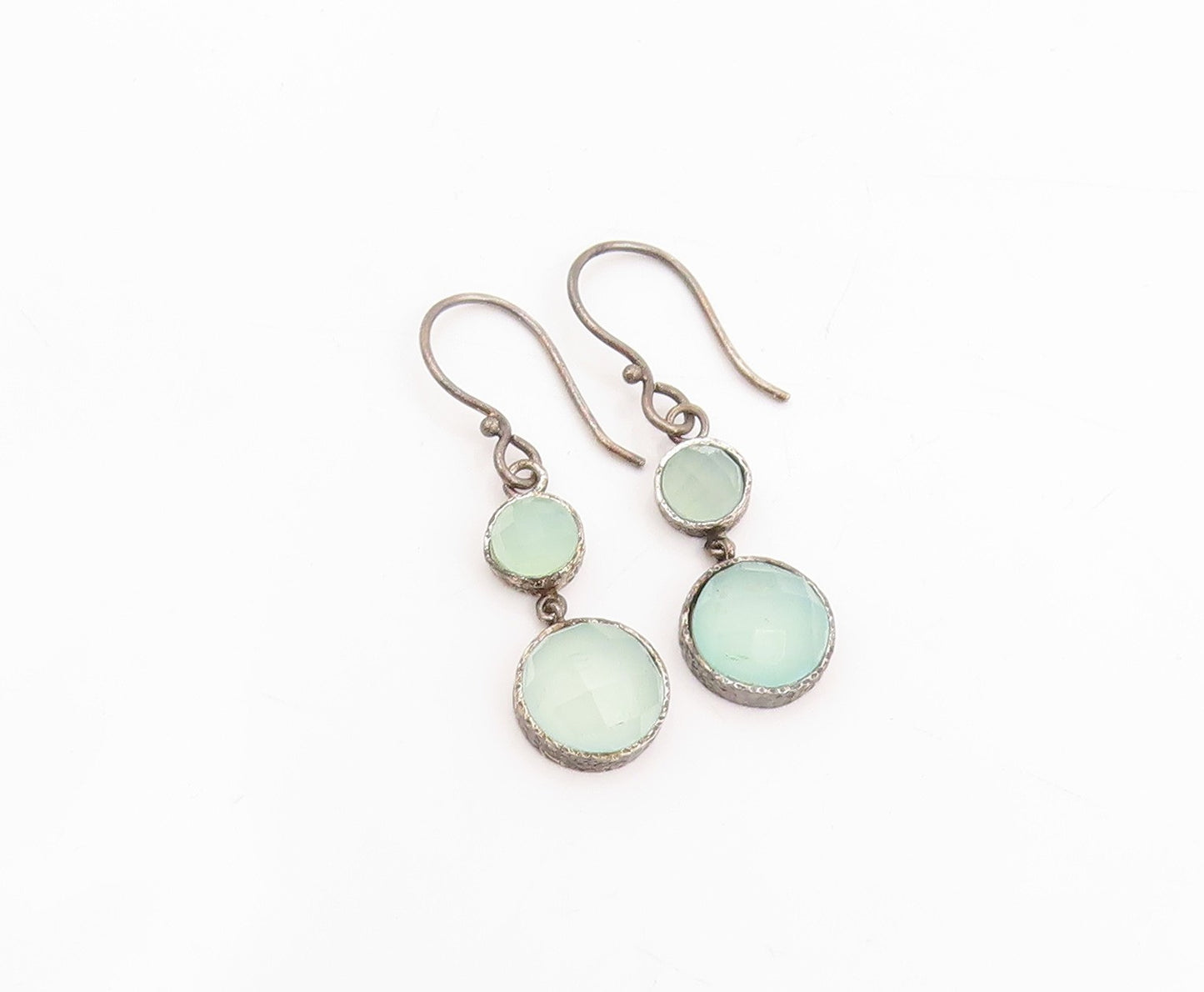 925 Sterling Silver Vintage Earrings Round Green Gemstone Drop Dangles  EG13770