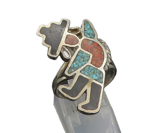 ZUNI NAVAJO 925 Silver  Vintage Turquoise Onyx & Coral Ring Sz 8.5  RG22893