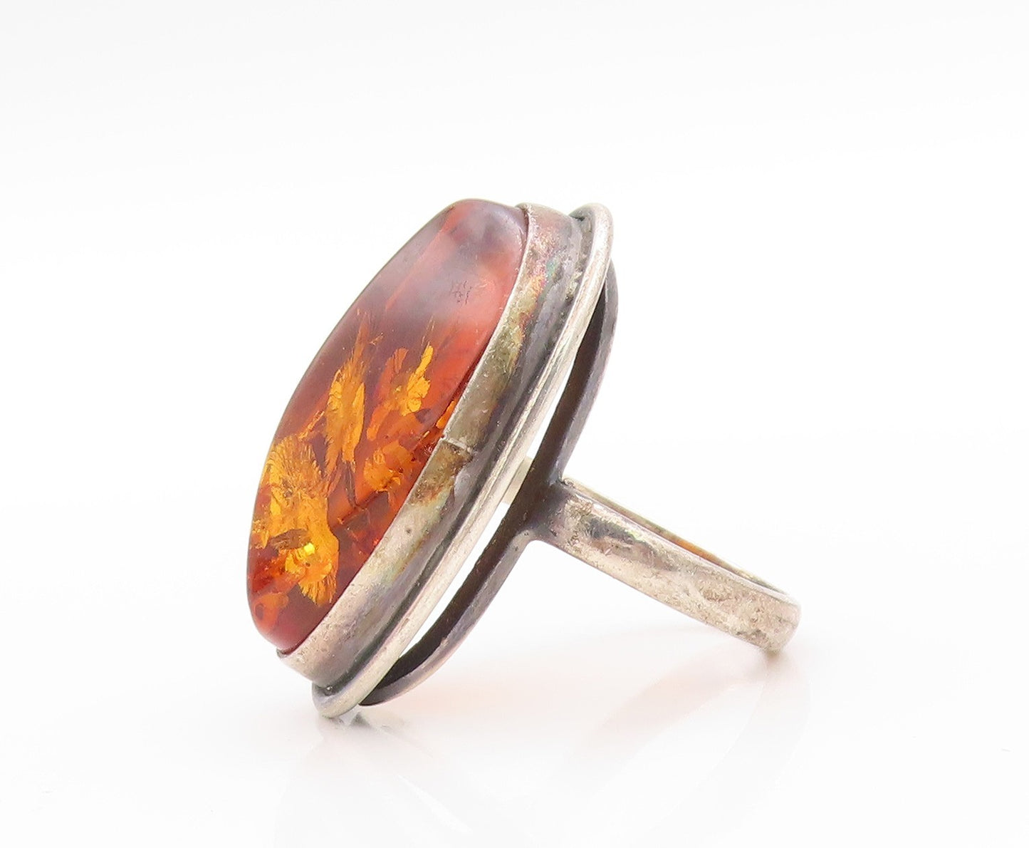 925 Sterling Silver Vintage Ring POLAND Amorphas Large Honey Amber  Sz 8 RG32716