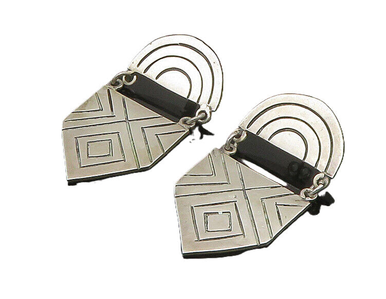 MEXICO 925 Silver  Vintage Shiny Etched Pattern Dangle Earrings  EG10256