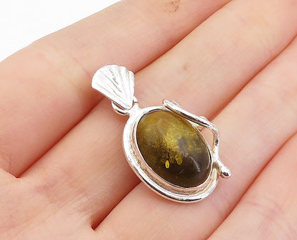 925 Sterling Silver  Vintage Cabochon Cut Lemon Amber Scalloped Pendant PT2987