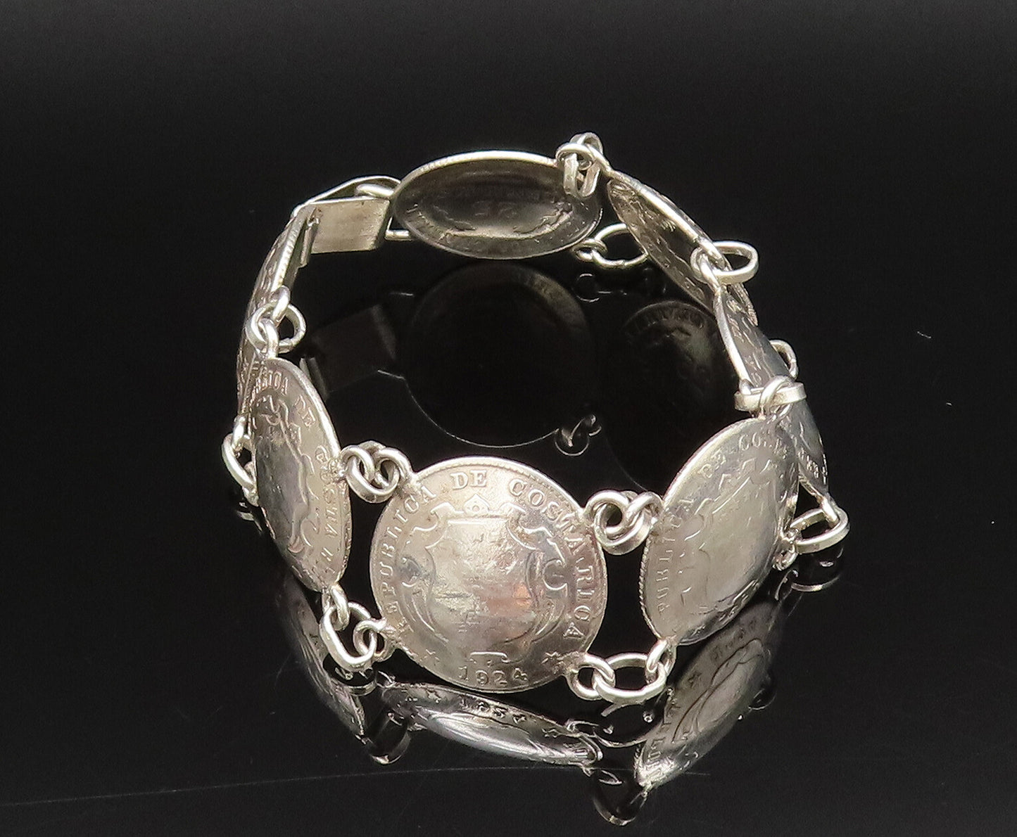 925 Sterling Silver  Vintage Costa Rica Crest Coin Chain Bracelet  BT9706