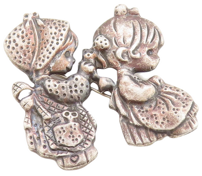 925 Sterling Silver Vintage Brooch Pin PMI Girls Playing With Hairs  BP11354