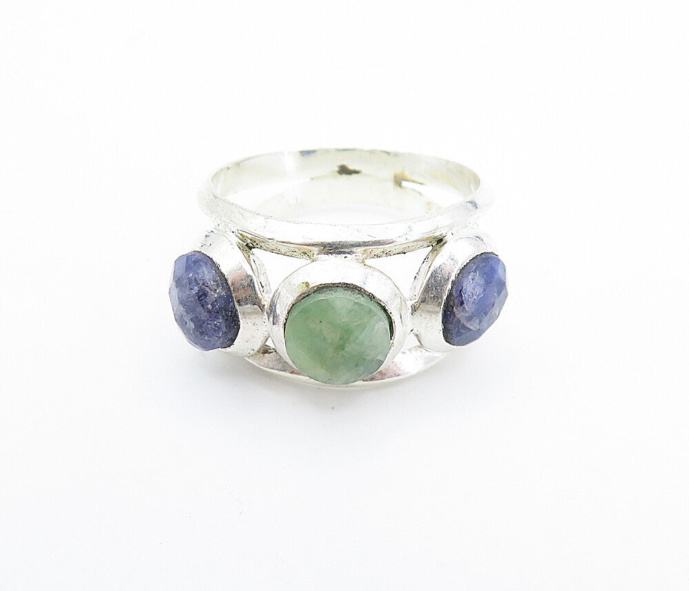 925 Sterling Silver  Emerald & Sapphire Split Shank Band Ring Sz 7  RG7914