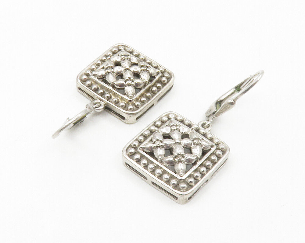 925 Sterling Silver  Vintage Genuine Diamonds Floral Dangle Earrings  EG7158