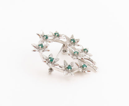 925 Sterling Silver Vintage Brooch Emerald & CZ Floral Garland Design  BP11996
