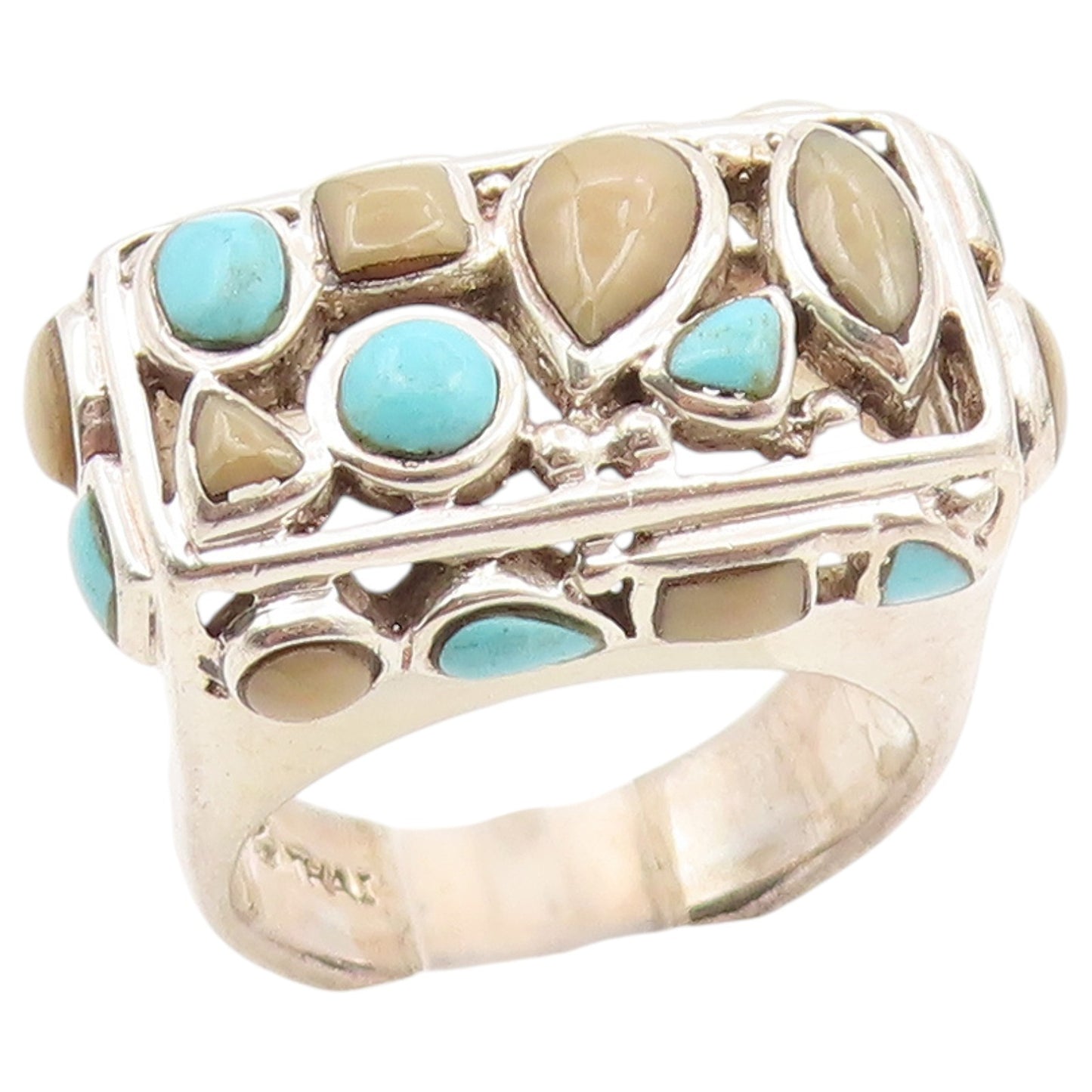 925 Sterling Silver Vintage Ring Turquoise Wide Openwork Band  Sz 6.5  RG36506
