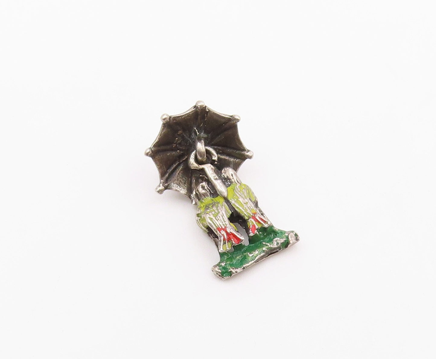 925 Sterling Silver  Vintage Enamel Love Birds Under Umbrella Pendant  PT20726