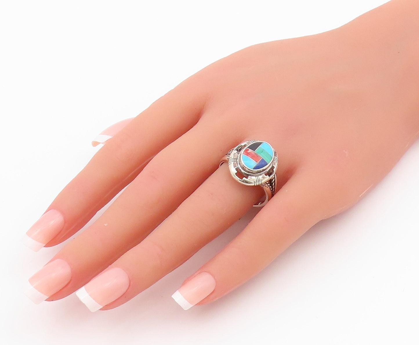 925 Sterling Silver Vintage Ring CAROLYN POLLACK Gemstones Inlay  Sz 10  RG33075