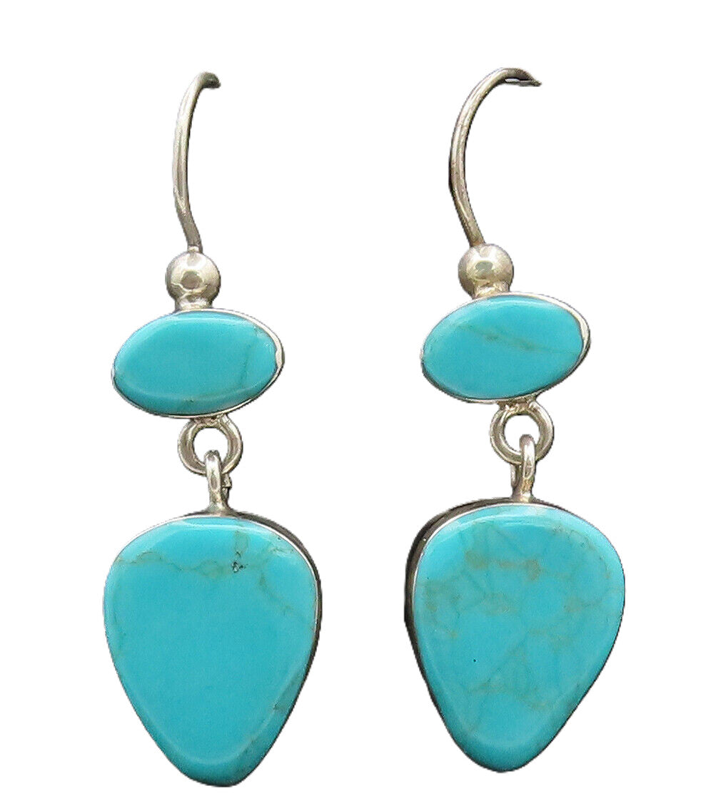 925 Silver  Vintage Pear Shape Cabochon 2 Turquoise Drop Earrings  EG12531