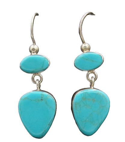 925 Silver  Vintage Pear Shape Cabochon 2 Turquoise Drop Earrings  EG12531