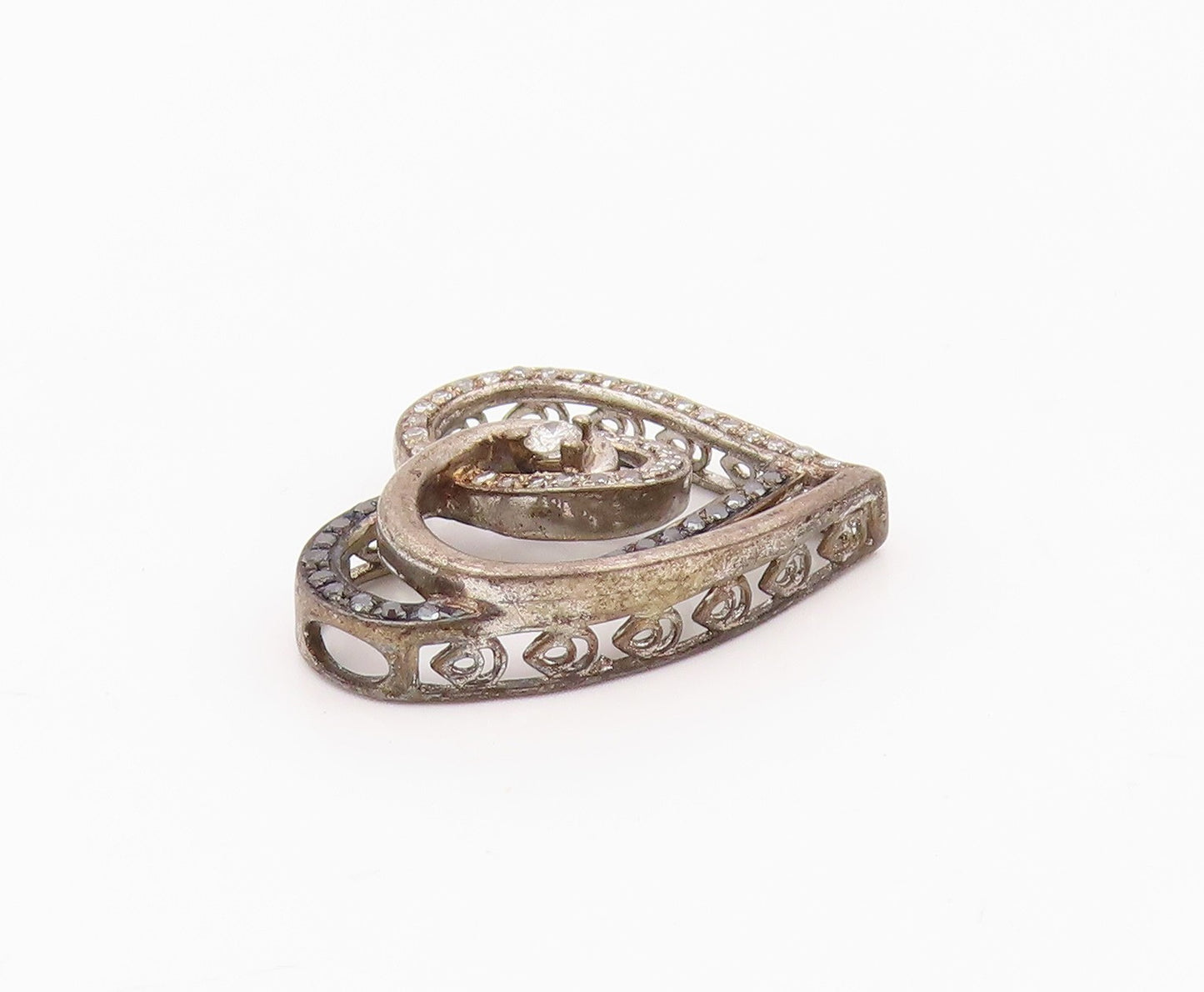925 Sterling Silver  Vintage Genuine Diamonds Open Love Heart Pendant  PT19407