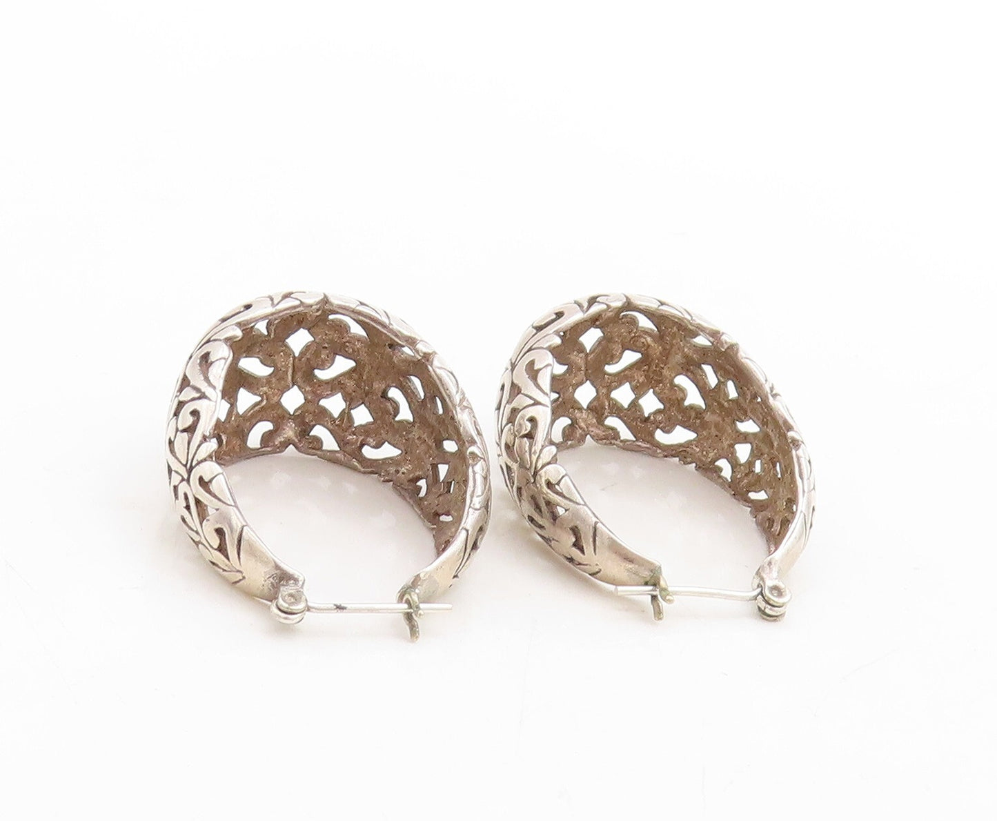 925 Sterling Silver Vintage Earrings Swirly Hearts Design Cutout Hoops  EG13299