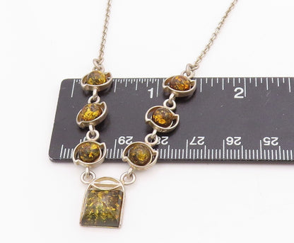 925 Sterling Silver Vintage Necklace Cabochon Round & Square Honey Amber NE4595