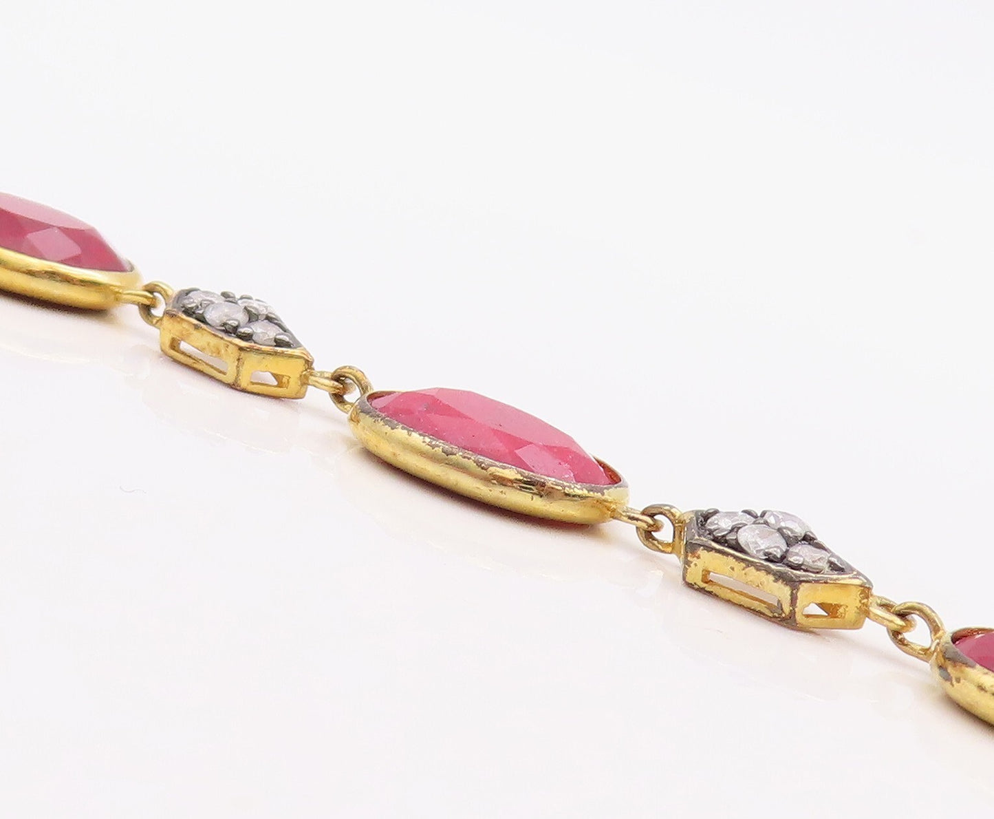 925 Sterling Silver Vintage Bracelet Gold Plated Diamonds & Oval Ruby  BT10837