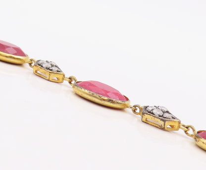 925 Sterling Silver Vintage Bracelet Gold Plated Diamonds & Oval Ruby  BT10837