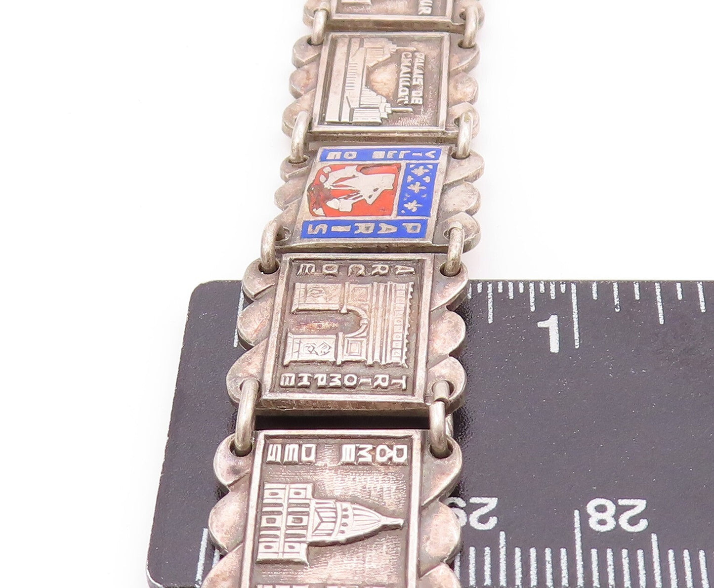 925 Sterling Silver Vintage Bracelet Dark Tone Carved France Monuments  BT11026