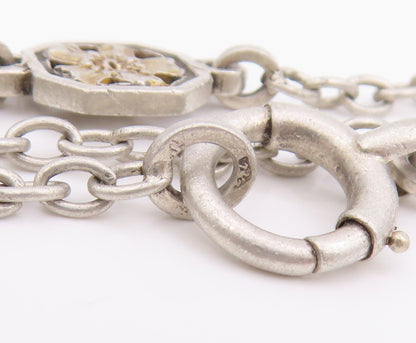 925 Sterling Silver Vintage Necklace Antique Floral Leaf Motif Long Chain NE4795