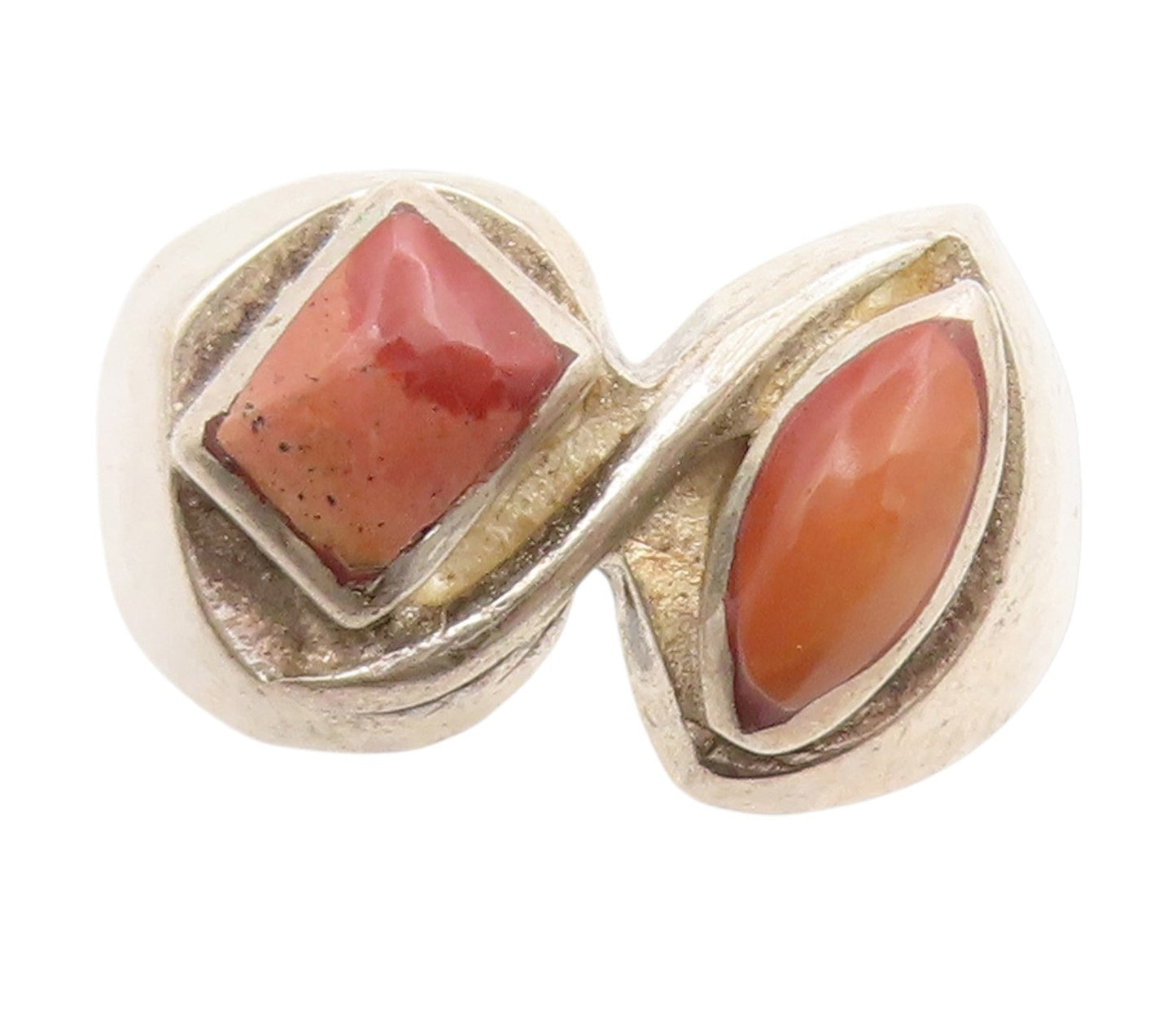 925 Sterling Silver Vintage Ring Dual Stone Agate Modernist Band Sz 10.5 RG33762