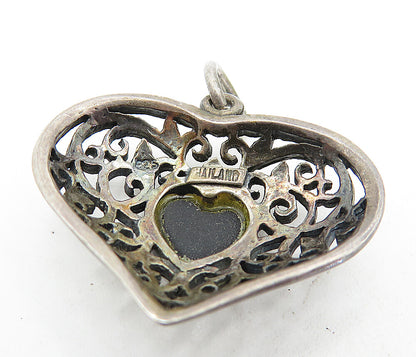 925 Sterling Silver  Vintage Inlaid Black Onyx Swirl Love Heart Pendant PT3553