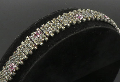 925 Sterling Silver  Topaz & Marcasite Floral Tennis Bracelet  BT1014