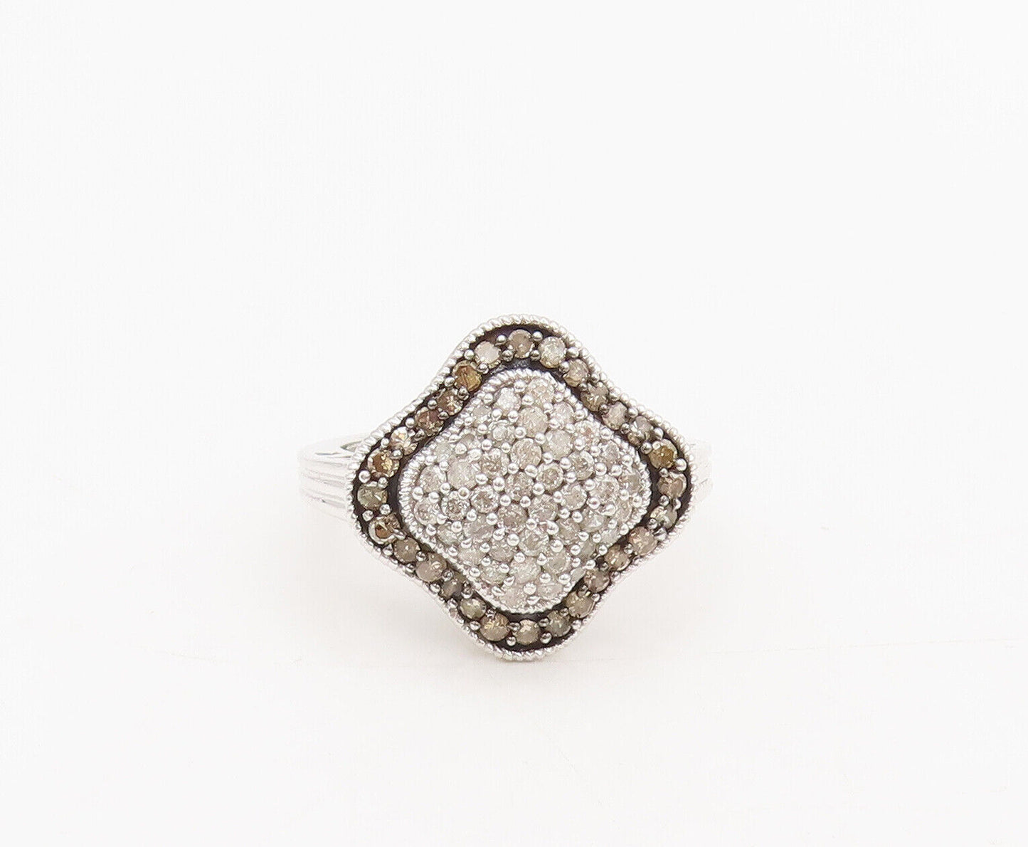 10K GOLD  Vintage 1ct White & Champagne Diamonds White Gold Ring Sz 7  GR696