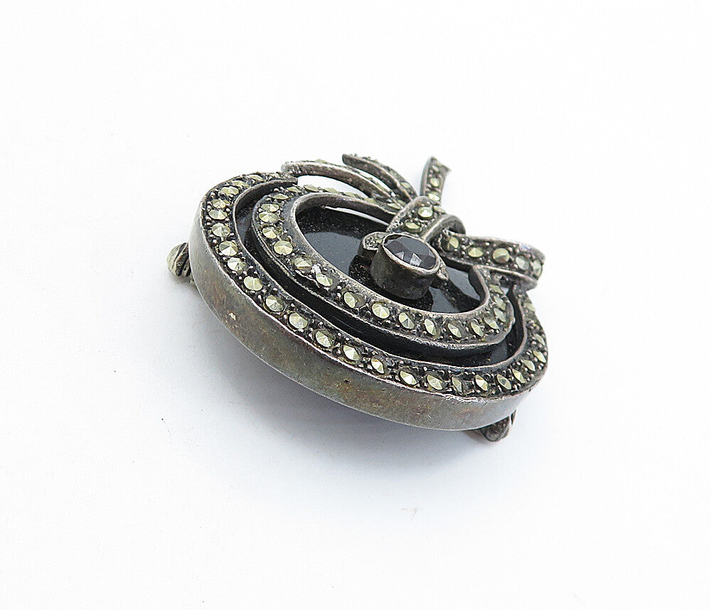 925 Sterling Silver  Vintage Black Onyx & Garnet Ribbon Brooch Pin  BP2340