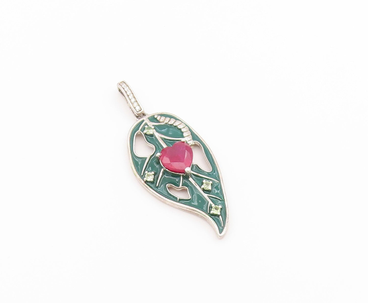 925 Sterling Silver Vintage Pendant Heart Ruby Enamel Leaf Cutout Charm  PT26561
