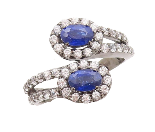 925 Sterling Silver Vintage Ring Bypass Oval Sapphire & Topaz  Sz 9  RG29712