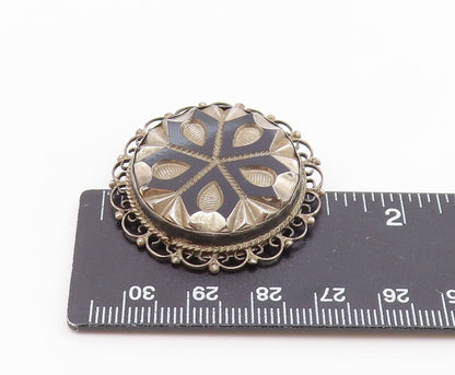 MEXICO 925 Sterling Silver  Vintage Black Onyx Floral Design Brooch Pin BP5673