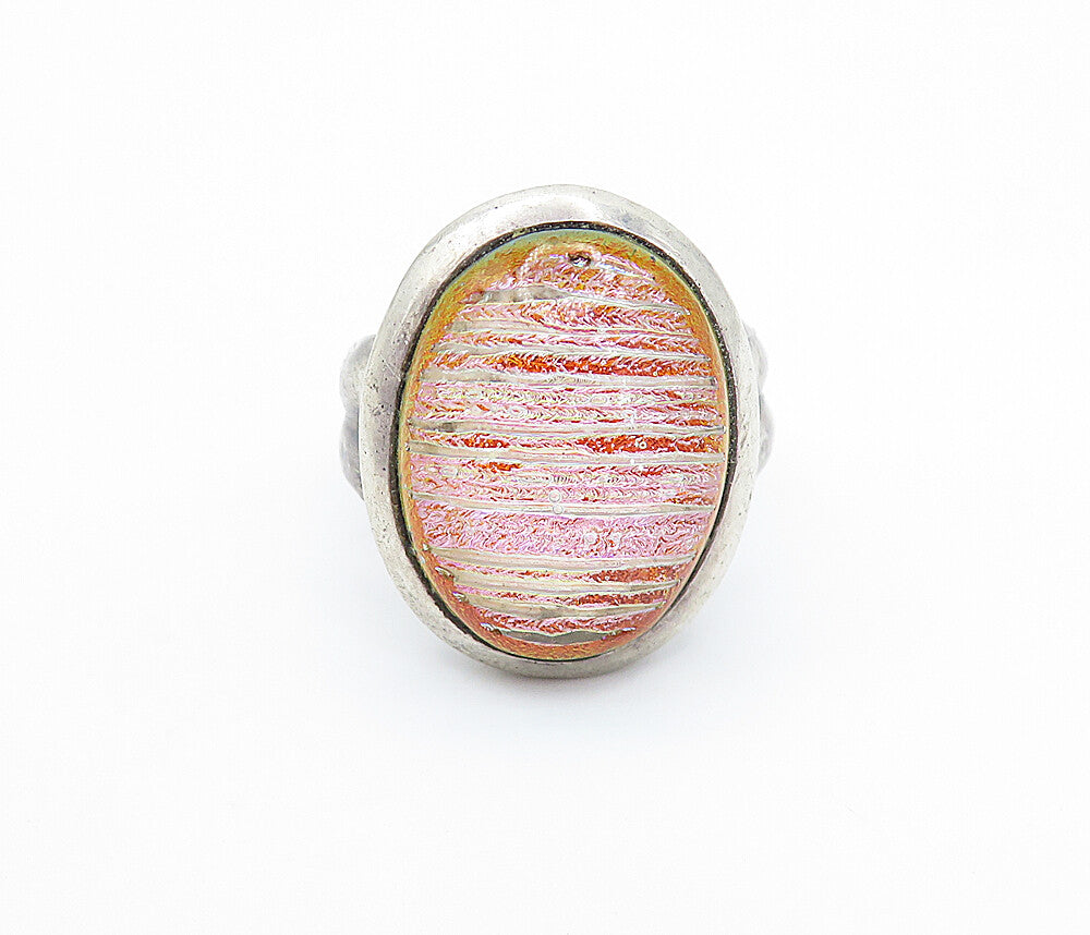 925 Sterling Silver  Vintage Shimmering Glass Art Cocktail Ring Sz 6  RG6822