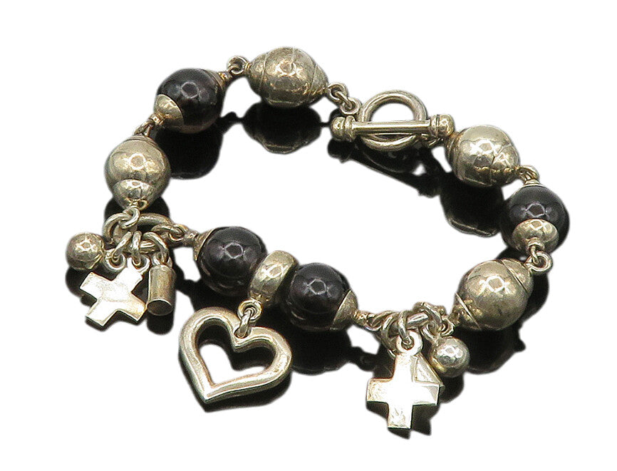 925 Sterling Silver  Vintage Smoky Topaz Religious Cross Chain Bracelet BT6914