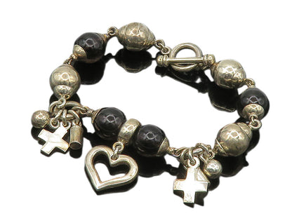 925 Sterling Silver  Vintage Smoky Topaz Religious Cross Chain Bracelet BT6914
