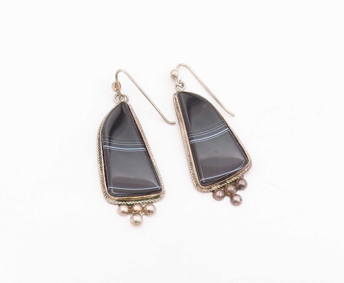 925 Sterling Silver Vintage Earrings Black Agate Beaded Geometric Dangle EG14000