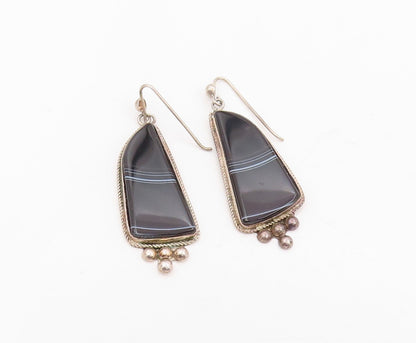 925 Sterling Silver Vintage Earrings Black Agate Beaded Geometric Dangle EG14000