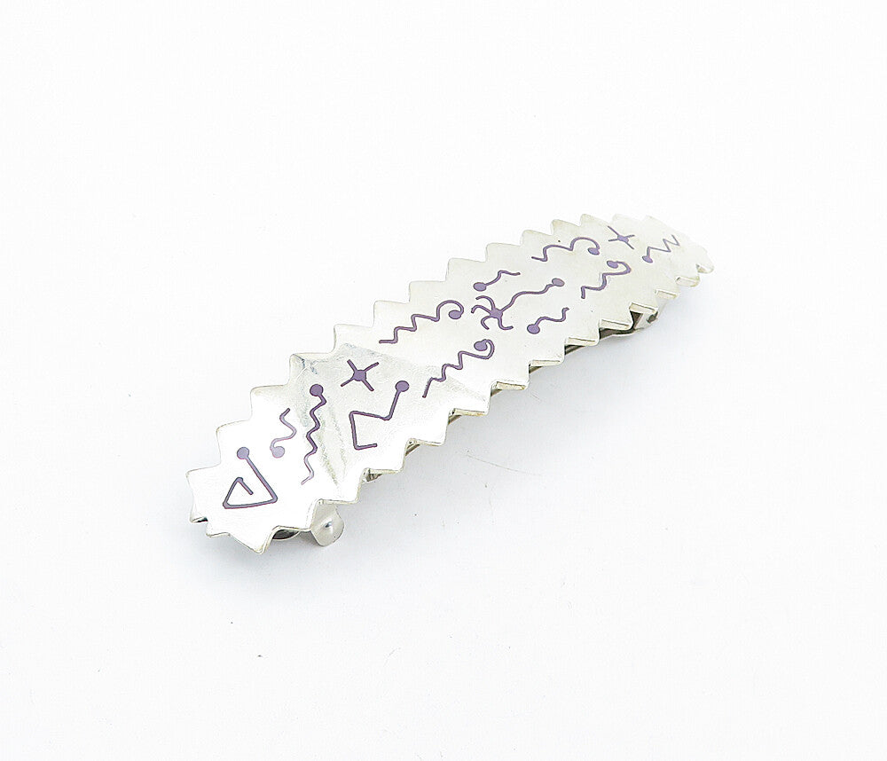 MEXICO 925 Sterling Silver  Vintage Enamel Pattern Serrated Hair Clip  TR1175
