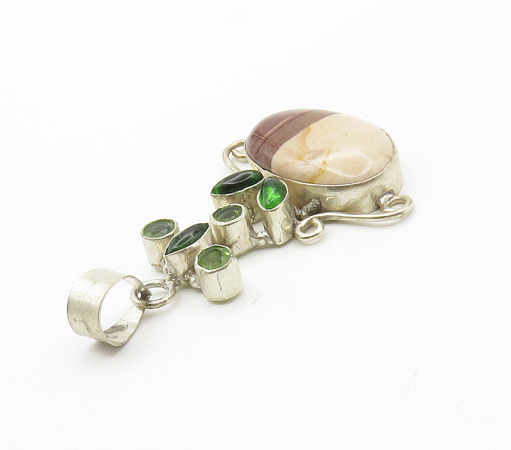925 Sterling Silver  Vintage Brown Agate & Peridot Swirl Pendant  PT11852