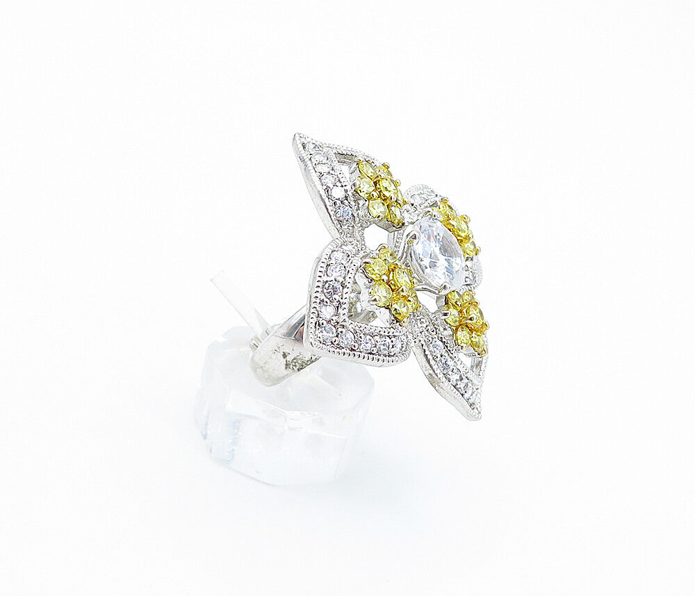 925 Silver  Cubic Zirconia & Citrine Flower Statement Ring Sz 6.5  RG3627