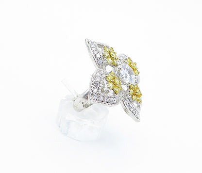 925 Silver  Cubic Zirconia & Citrine Flower Statement Ring Sz 6.5  RG3627