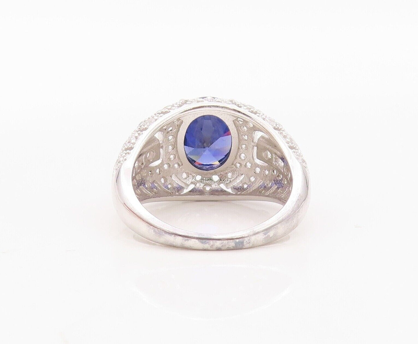 925 Sterling Silver Vintage Ring Carved CZ Inlay Oval Sapphire  Sz 7.5  RG29959