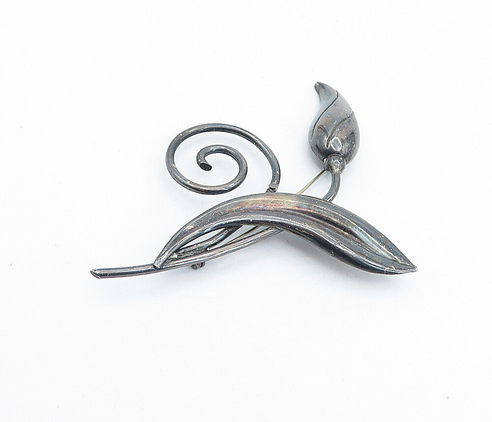 GK CO. 925 Silver  Vintage Oxidized Spiral Blooming Flower Brooch Pin  BP1705